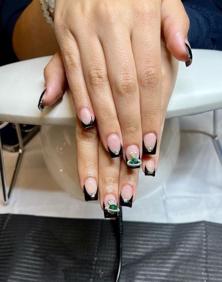 Black Frenchies with Diamond Stones Nail Art